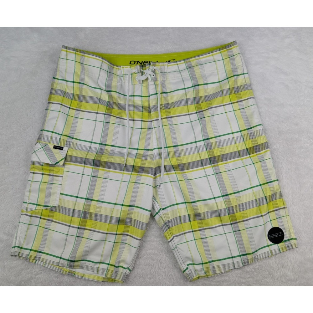 O'Neill Board Shorts Men's 36x10 White Yellow Plaid Polyester 1 Pocket Swim